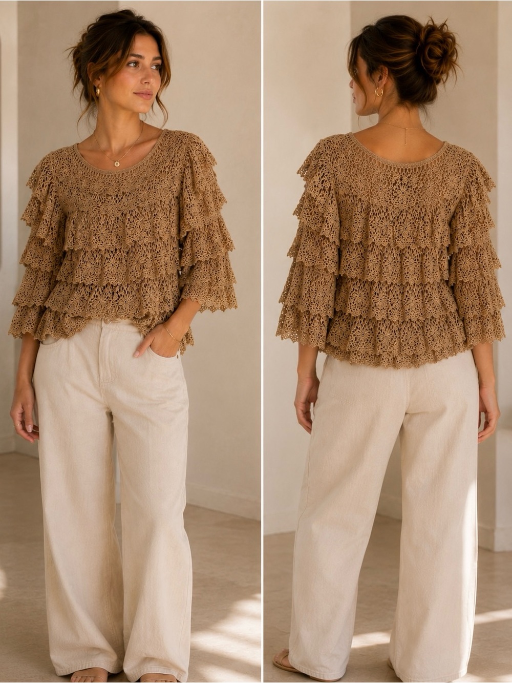 Y2K Aria A Crochet Tiered Layered Lace Blouse Tunic Summer Beach Top Size S/M